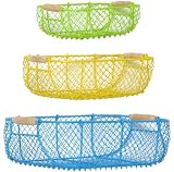 Brightly Painted Wire Bread Baskets With Wood Handles Set / 3 Large= 16 x 11 x 5.25