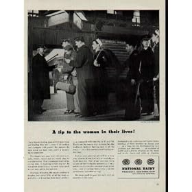 A tip to the women in their lives! Uncle Sam is feeding your service man today and feeding him well - even if GI cooking can't compare with yours! But against the time when you take over, here's a friendly tip to remember. The chances are, your man will want more milk, butter, cheese and ice cream than he ever did before. That's a natural result of his service diet. ..... 1945 National Dairy Products Corporation War Bond Ad, A3750A.