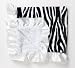 Zebra Baby Blanket in Faux Fur with White Satin Ruffle and White Ultra Plush Swirl, Designer Baby Blanket by Alexander Timothy