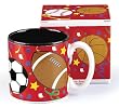 Red Sports Themed Coffee Gift Mug - featuring Baseball, Basketball, Football, and Soccer