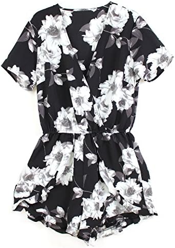 Jabey Women's Floral Printed Short Sleeve Jumsuit (Medium, Black)