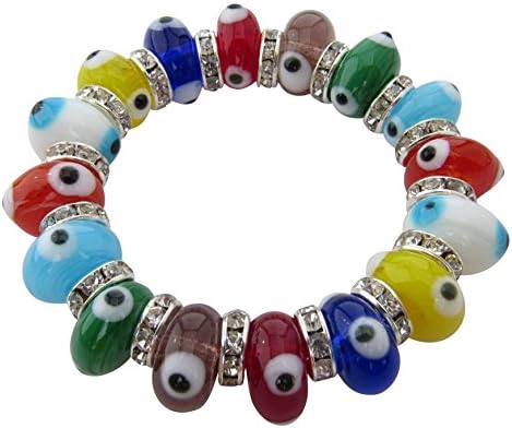Evil Eye Stretch Charm Bracelet with Multicolor Murano Glass Beads and Zircon Crystals