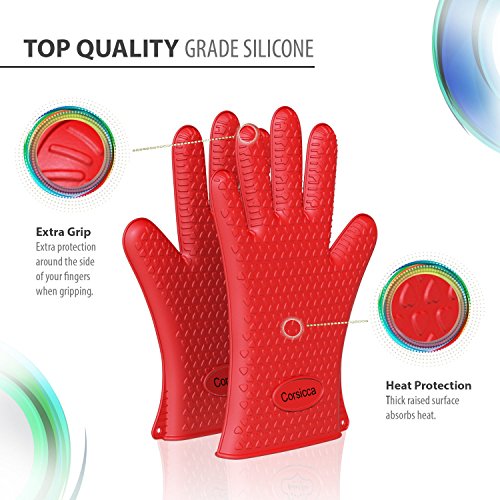 Corsicca Pot Oven BBQ Grilling Silicone Gloves Heat Resistant Mitts - Red (Lifetime Warranty)