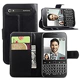 PopSky BlackBerry Classic Q20 ケース,ソフトタッチ快適BlackBerry Classic Q20 最高品質のPUレザー 材質 超軽量 薄型スタンド機能つきカードスロット付 の専用保護ケース(ブラック)