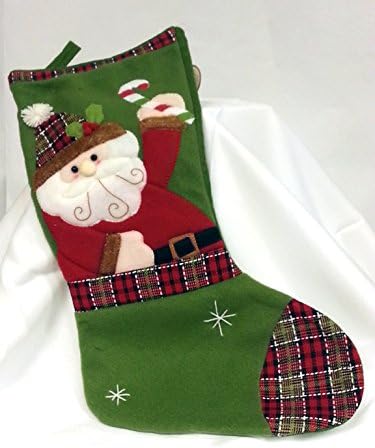 Santa Claus Plush Dark Green Christmas Stocking with Pocket
