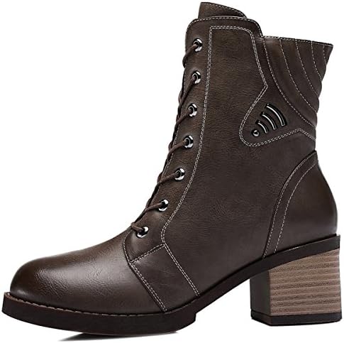 Womens Mid Heel Leather Shoes Round Toe Lace Design Side Zipper Coffee Mid-calf Warm Martin Boots EU40