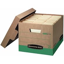 Bankers Box R-Kive 100% Recycled Heavy-Duty Storage Boxes, Letter/Legal, Kraft/Green, 12 Pack (12775)