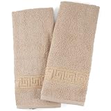 Beige Cotton Hand Towel With Embroidered Greek Key, Set Of 2