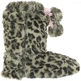 IMAGE OF Capelli New York Leopard Printed Faux Fur Boot With Tie & Poms Girls Indoor Slipper Pink Combo 3/4