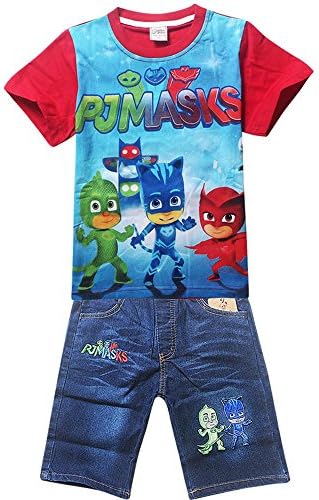ESPW Baby Kids PJ Masks Cotton Short Sleeve T-shirt+Jeans Denim Shorts (100, Red)