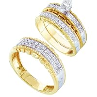 Men's Ladies 10K Yellow and White Gold .49CT Round Marquise Cut Diamond Wedding Engagement Bridal Trio Ring Set