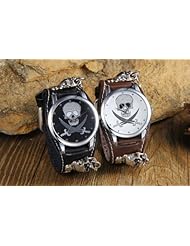 Youyoupifa Rock Style Black Dail Skeleton Leather Strap Quartz Movement Watch