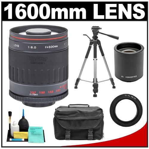 Vivitar 800mm f/8.0 Series 1 Multi-Coated Mirror Lens with 2x Teleconverter (=1600mm) + Tripod + Case + Accessory Kit for Panasonic / Olympus Evolt E-30, E-300, E-330, E-410, E-420, E-450, E-500, E-510, E-520, E-600, E-620, E-1, E-3 Digital SLR Cameras
