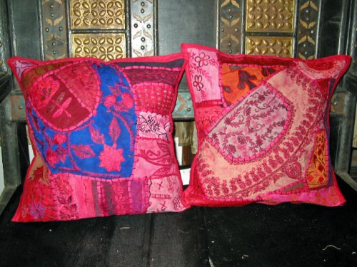 2 Red Pink Tribal Embroidered Sari Toss Pillow Cushion Covers