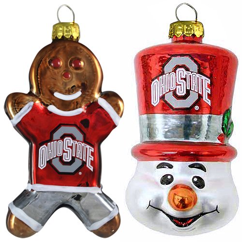 NCAA Ohio State Buckeyes Blown Glass Gingerbread Man & Top Hat Snowman Ornament 2-Pack