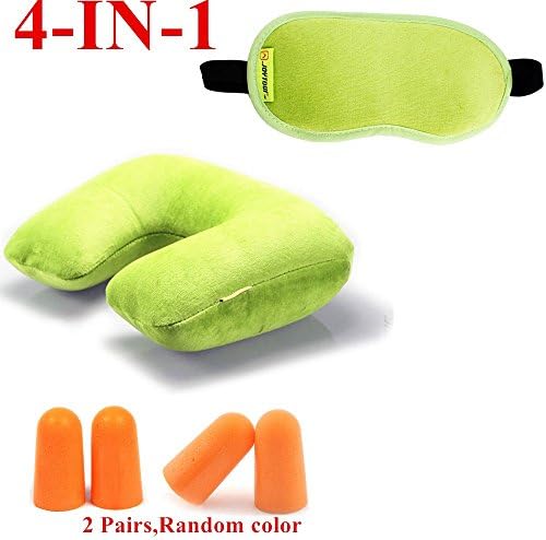 TeiLei Travel Rest Kit - Inflatable Neck Travel Pillow Headest Cushion + Lightweigh Sleep Eye Mask + Free 2 Pairs Random Colors Earplugs Best Sleeping for Airplane, Camping Travel Pillow Set--Lifetime Products Warranty (Apple Green)