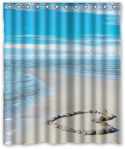 Generic Personalized Stone Art Love Heart On The Summer Beach Blue Sky Ocean Waves Pattern Sold By Too Amazing Shower Curtain Bath Decor Curtain 60" x 72"