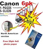 6pk Canon compatible CLI226 Y CLI226 M CLI226 C CLI226 BK CLI226 GY & PGI225 BK ink cartridges with new chip and free 20pk 4x6 photo paper. For MG6120 & MG8120 only!