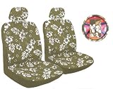 - Tan Brown Universal-fit Hawaiian Hibiscus Floral Print Low Back Front Bucket Seat Cover with Separate Headrest Cover, Steering Wheel Cover and Shoulder Seat Belt Pads Combo