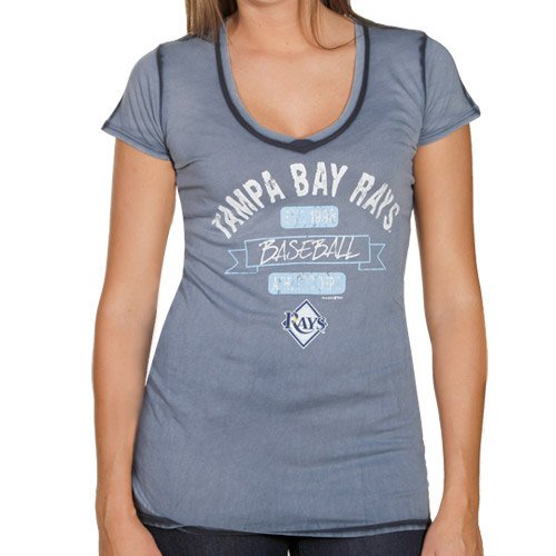 Tampa Bay Rays Ladies Seam Wash Premium V-neck T-Shirt - Navy Blue (X-Large)