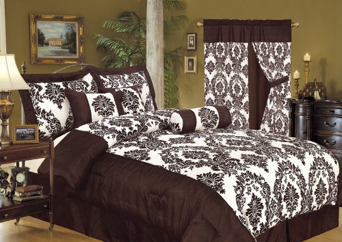 7Pcs Queen Louisa Flocking Chocolate Comforter set