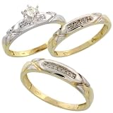 10k Gold 3-Piece Trio His (4mm) & Hers (3.5mm) Diamond Wedding Band Set w/ Rhodium Accent, w/ 0.17 Carat Brilliant Cut Diamonds; (Ladies Size 5 to10; Men's Size 8 to 14)