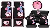 Hello Kitty Sanrio Hearts Design Auto Accessories Combo Set - Front & Rear Floor Mats, Seat Covers, Steering Wheel Cover and a Bench Seat Cover with Embroidered Heart Logo