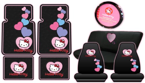 Hello Kitty Sanrio Hearts Design Auto Accessories Combo Set - Front And Rear Floor Mats, Seat Covers, Steering Wheel Cover and a Bench Seat Cover with Embroidered Heart Logo.