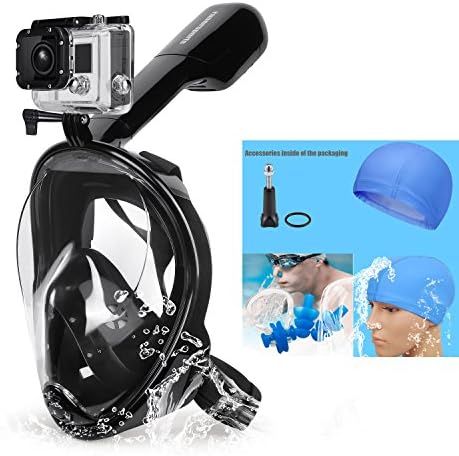 Ranersports Snorkeling Mask,180 Degree Dry Full Face Easy Breath Anti-Leak Anti-Fog Swimming Mask For Gopro Hero Action Camera With Larger Viewing Area (Black, S/M)