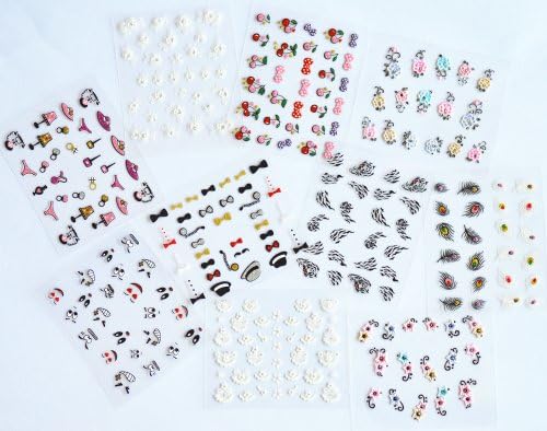GGSELL GGSELL latest 3D new design hot selling nail sticker nail decal 10PCS/PACKAGE, the designs include fruit cherry/cartoon smiling face/tiger/feather/colorful flowers/white flowers/roses/hat/underwear/lamp/phone/etc.