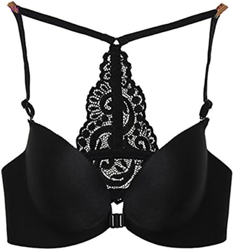 PAERLAN Women's Front Close Lace Y-Back Seamless Underwire Push-Up Bra 36B Black