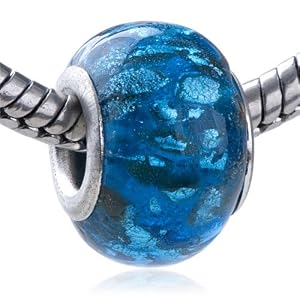 Pandora Bead & Bracelet Fit - Mottled Blue Silver Foil Lampwork Murano Glass European Charm Beads