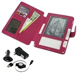 Magenta Full Genuine Leather Case with Retractable USB Cable Charge Kit for Amazon Kinde 2 (Old Version) E-Reader Reading Device (Kindle NOT Included)
