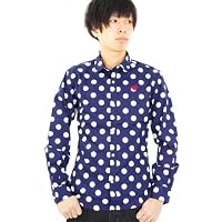ビッグドット ハート刺繍シャツ メンズ 水玉柄 コットンシャツ (M, ネイビー)