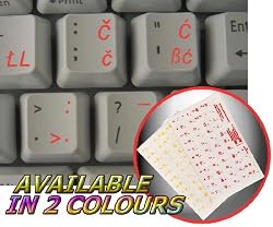 SLOVENIAN / CROATIAN KEYBOARD STICKERS WITH RED LETTERING ON TRANSPARENT BACKGROUND