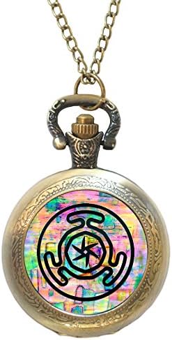 Goddess Hecates Colorful Wheel of Magic Bronze Gold Necklace Pocket Watch