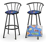 2 Blue Train Fabric Specialty / Custom Black Barstools with Backrest Set