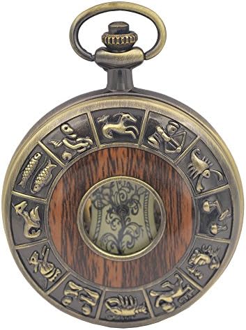 Timeconcept Antique Style Bronze Tone 12 Star Signs Mechanical Wind Up Pocket Watch