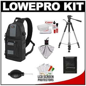 Lowepro Slingshot 102 AW Digital SLR Camera Backpack Case (Black) + Tripod + Canon Cleaning Kit for Canon EOS 7D, 5D Mark II III, 60D, Rebel T3, T3i, T2i Digital SLR Cameras