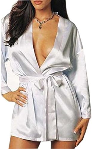 Women Sexy Satin Robe Lingerie Babydoll Dress Gown Sleepwear Nightwear (One Size, White)