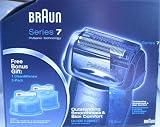 Braun series 7 pulsonic tech clean and renew shaving system contains series 7 (760 cc), clean and renew unit, three replacement cleaning cartridges, protective shaver case and special cord.