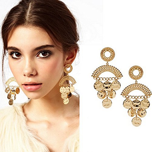 JQUEEN Pair Big Gold Plated Round Design Tassel Ear Studs Earrings