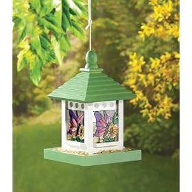 BUTTERFLY STAINED GLASS WOODEN GAZEBO WOOD BIRD FEEDER