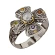 925 Silver, Freshwater Pearl & Multi-Stone Cross Ring with 18k Gold Accents- Sizes 6-8