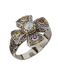 925 Silver, Pearl & Multi-Stone Cross Ring with 18k Gold Accents- Sizes 6-8