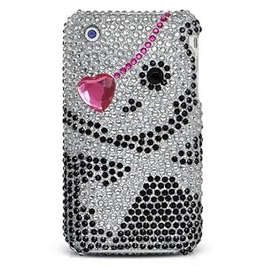 Diva Sparkling Pink Heart Black Skull Diamond Full Rhinestones Bling Design - Snap on Hard Cover Protector Faceplate Case for At&t Apple Iphone 3g 3gs + Free Mirror LCD Screen Protector Film