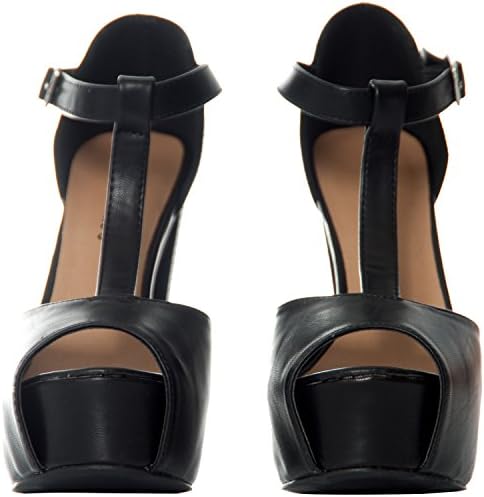 Breckelles Women's Peep Toe High Heel T-Strap Platform Sandals Black 8.5