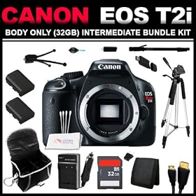 Canon EOS Rebel T2i 18 MP CMOS APS-C Sensor DIGIC 4 Image Processor Full-HD Movie Mode Digital SLR Camera with a 3.0-Inch LCD and Dedicated Movie Button (Body Only) (32GB Intermediate Bundle Kit) includes Charger, x2 Batteries, 32GB SD Card, USB Card Reader, HDMI Cable, Carrying Case, Mini Tripod, 6