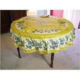 Round Provence Yellow Blue Colorful Print coated cotton tablecloth + napkins