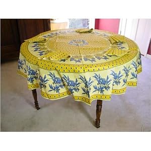 Round Provence Yellow Blue Colorful Print coated cotton tablecloth + napkins